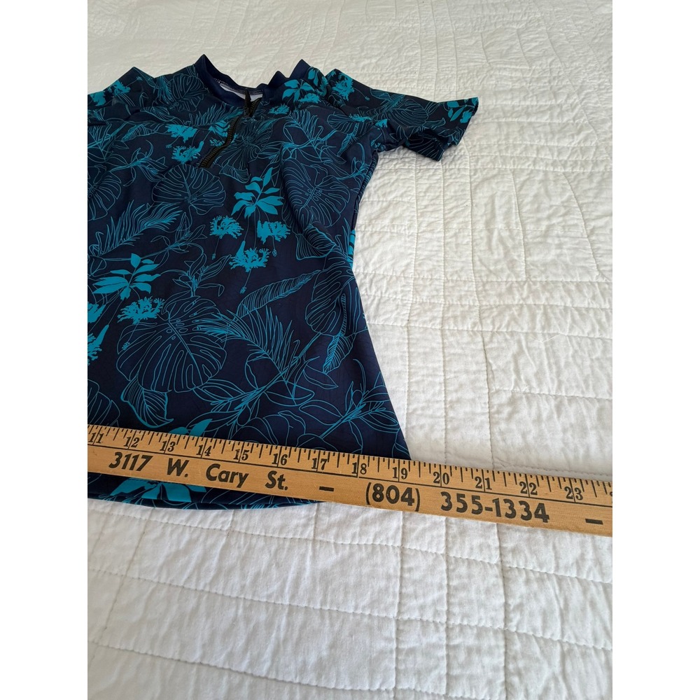 Two Piece Tropical Rash Guard and Swim Shorts Set Navy Teal Floral XL - Picture 3 of 15